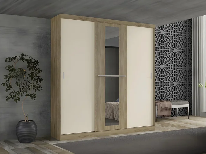 Armario – 3 puertas correderas – Largo 205 cm – Natural y blanco marfil – DIDDA