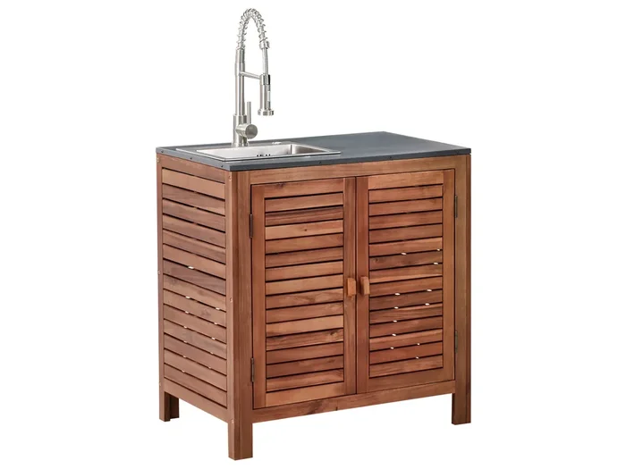 Armario de cocina exterior con fregadero BRUCOLI Madera de acacia Marrón/Plateado