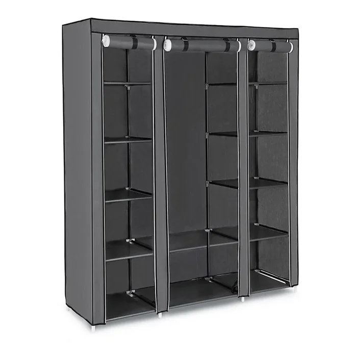 Armario de tela MATIS 150×175 cm con estantes y barra para colgar, gris