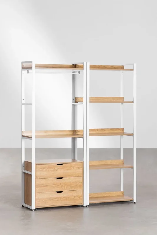 Armario Modular Abierto de 2 Piezas con Cajones y Estantería en Acero y Madera Ariaster Natural – SKLUM