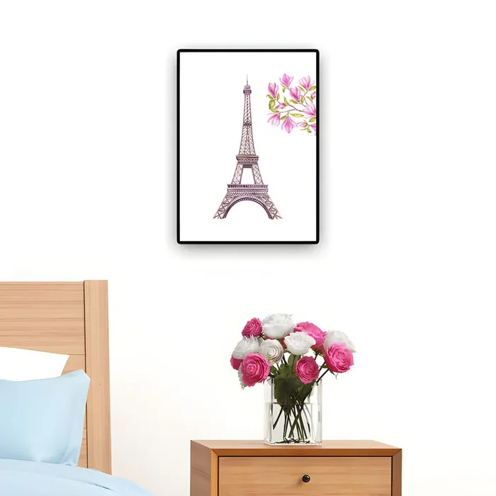 Arte de pared en lienzo rosa de la Torre Eiffel y la floración de magnolia en estilo francés de los años 80