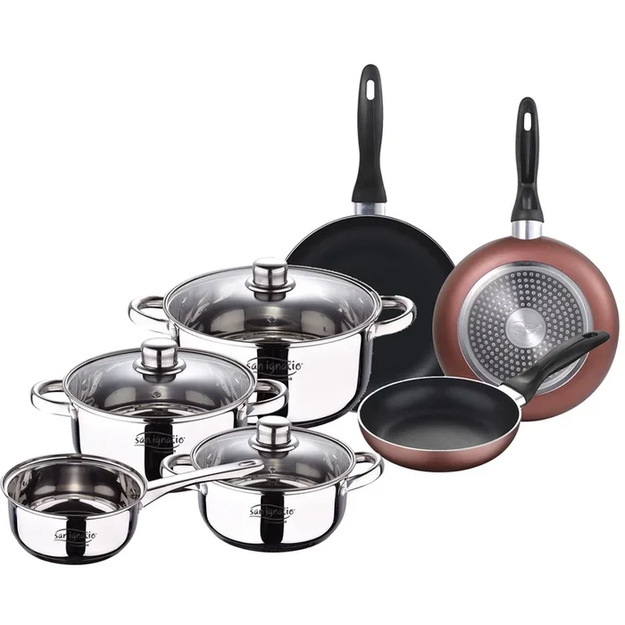 Bateria 7pcs acero inoxidable Cazo sin tapa x16 (1.5L) x Cacerolas con tapa x18 (2.0L); x20 (3.0L) y x24 (4.0L) y Set de 3 sartenes x16x20x24 cm, alu
