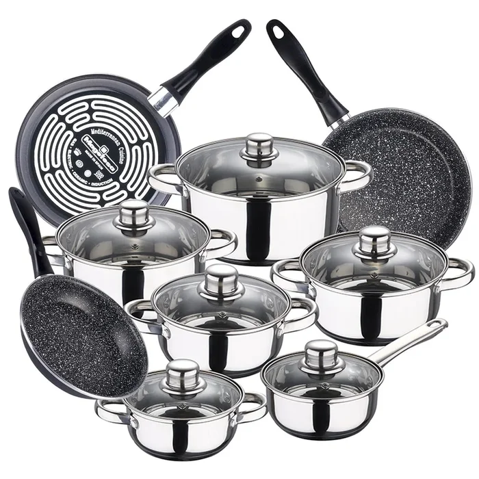Bateria de cocina 12 piezas Cassel en acero inoxidable con juego de sartenes (18/20/24 cm) MAGEFESA K2 Gransasso en acero esmaltado
