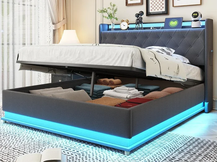 Baúl Iluminado Tapizado con LED 140×200 cm – con Puerto de Carga USB – Tela Lino – Gris