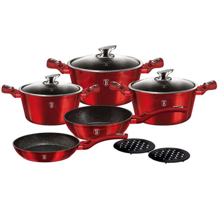 Berlinger Haus Burgundy Batería Cocina Inducción 10 Piezas, Antiadherente Mármol sin PFOA, Aluminio, Cazuelas Sartenes, , Rojo