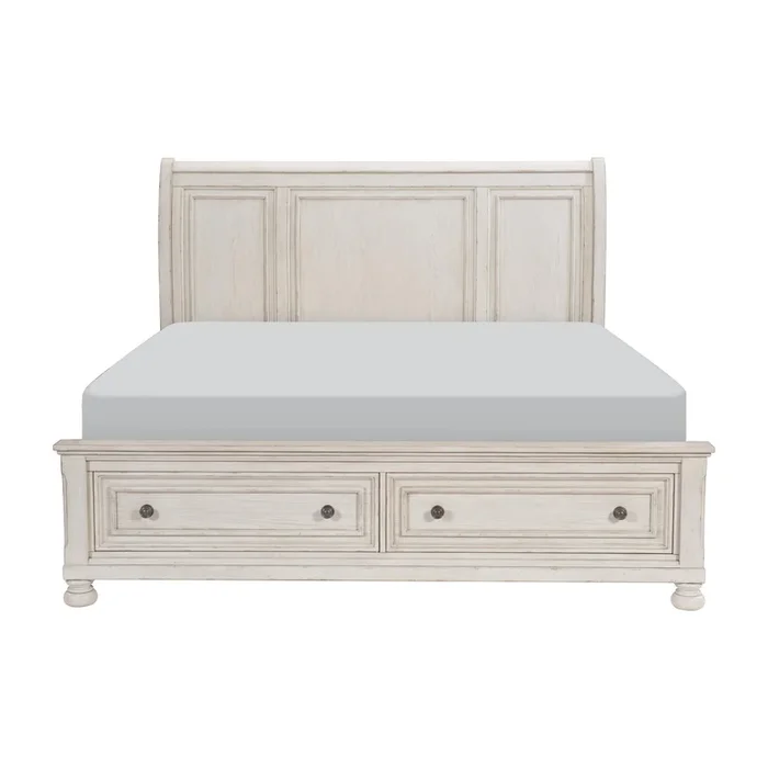 Bethel Wire Brushed White Queen Sleigh Storage Platform Bed