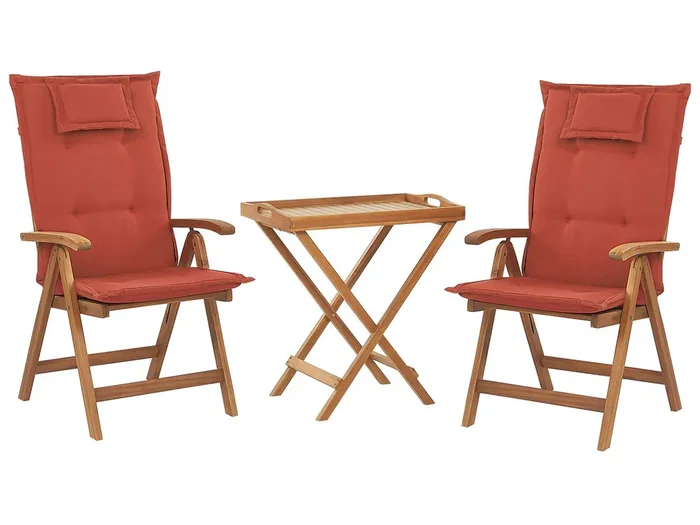 Bistro Set with Cushions Folding JAVA Acacia Wood Dark Red