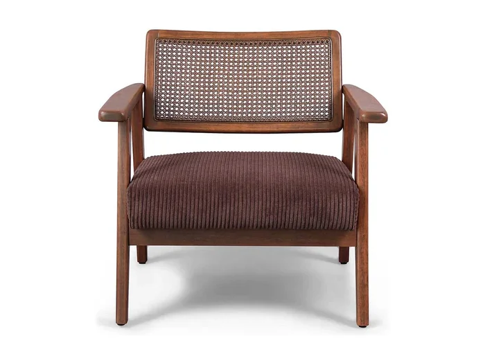 Boca – Sillón de madera maciza de Parawood con monturas de polyrattan y asiento de pana