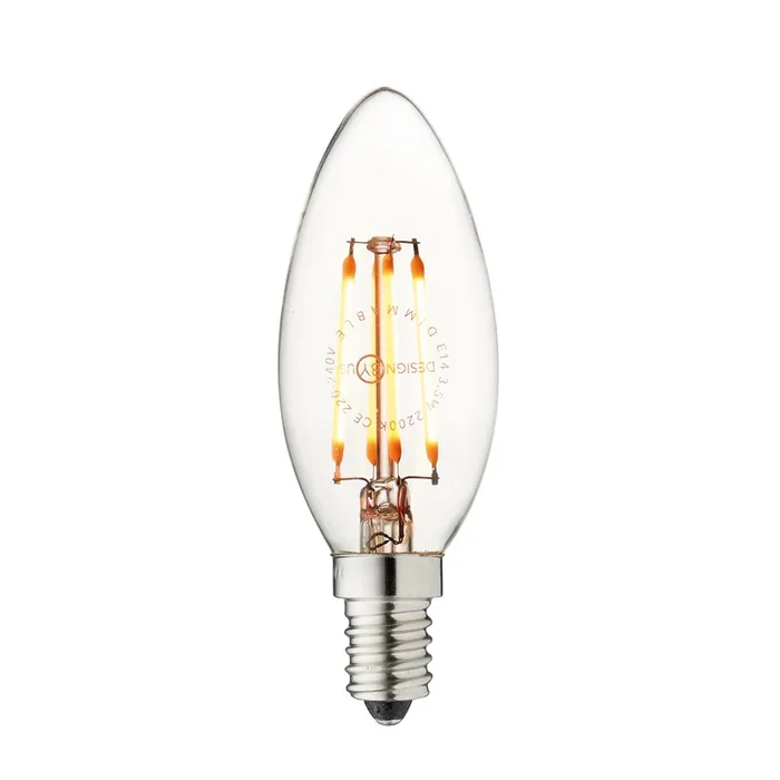 Bombilla vela LED, E14, 3,5 W, 2.200 K, filamento, atenuable