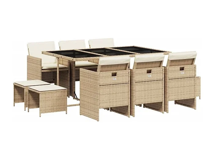 Bonno Set comedor de jardín 11 pzas con cojines ratán sintético beige