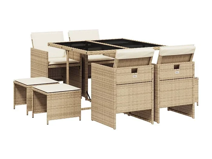 Bonno Set comedor de jardín 9 pzas con cojines ratán sintético beige