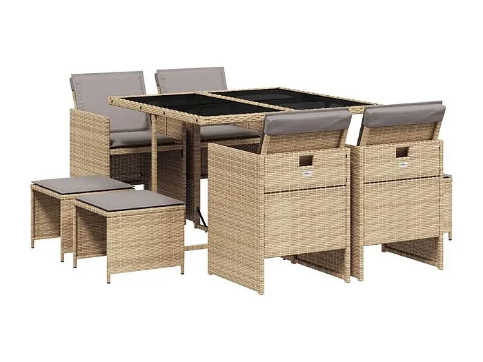 Bonno Set comedor de jardín 9 pzas con cojines ratán sintético beige