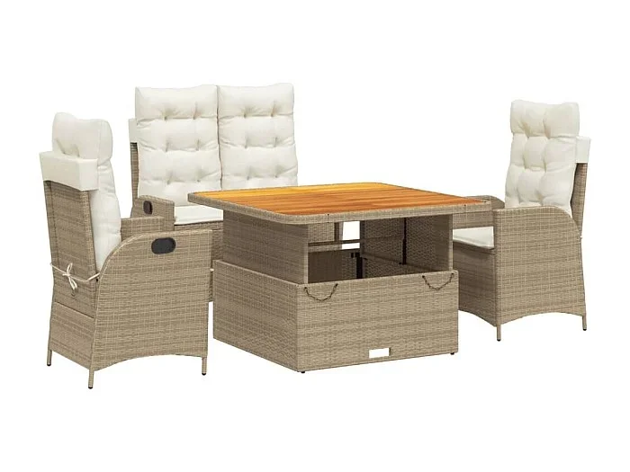 Boxmeer Set de comedor jardín con cojines 4 pzas ratán sintético beige