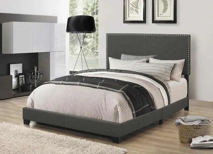 Boyd Charcoal Eastern King Upholstered Bed with Nailhead Trim