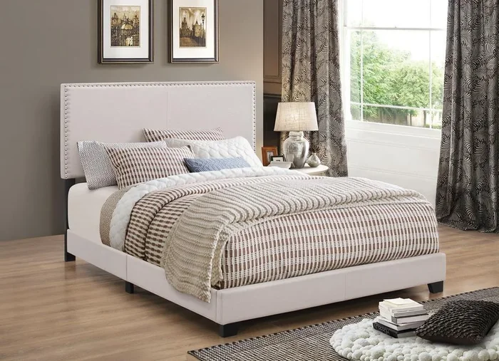 Boyd Ivory Queen Upholstered Bed with Nailhead Trim
