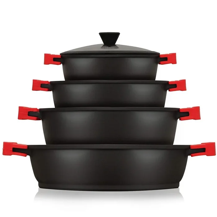 Briebe BLACKT4B Batería Cocina Inducción Antiadherente Titanio, 8 Piezas Aluminio Fundido 4 Ollas sin PFOA Tapa, , Negro