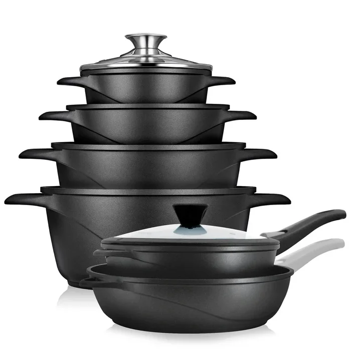 Briebe MGK1219 Batería de Cocina Inducción 12 Piezas Aluminio Fundido 4 Ollas 2 Sartenes Antiadherente Tapas, , Negro