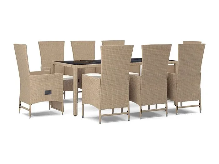 Briena Set comedor de jardín 9 pzas con cojines ratán sintético beige