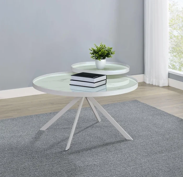 Briggs White Round Marble Printed Glass Top Coffee Table