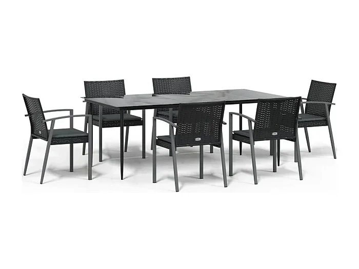 Bucyrus Juego comedor jardín 7 piezas y cojines ratán sintético y acero