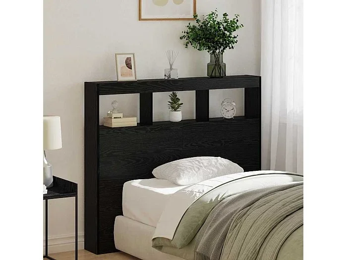 Cabecera con LED con estante Roble negro 122 x 17 x 102 cm