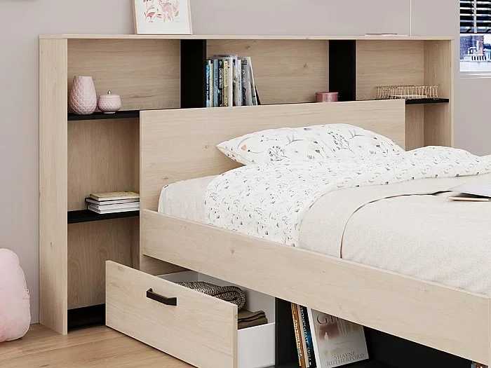 Cabecero con compartimentos de almacenamiento de 140 cm – Color natural y negro – KINSELIA