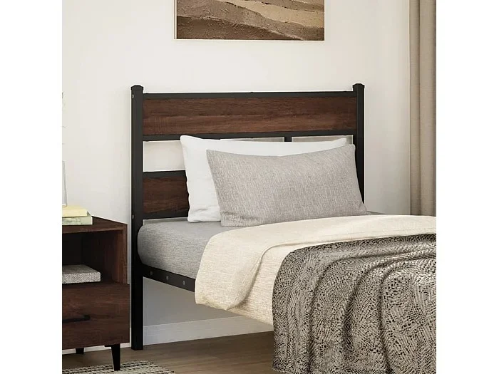 Cabecero de acero y madera de ingeniería marrón roble 90 cm