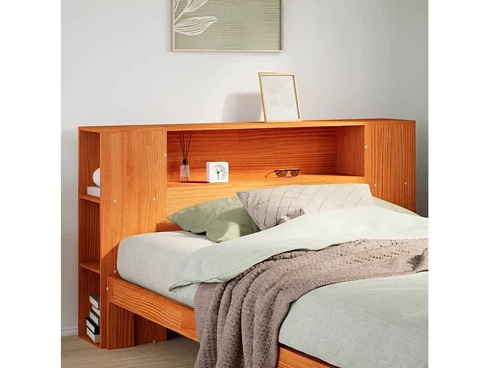 Cabecero de cama almacenaje madera maciza pino marrón 135 cm