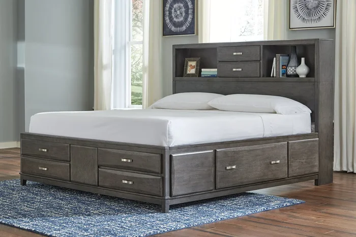 Caitbrook Gray Queen Bookcase Storage Platform Bed
