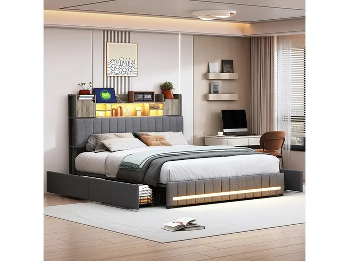 Cama 140×190 cm con cabecero LED y USB, 4 cajones de almacenaje, somier de láminas, lino, gris