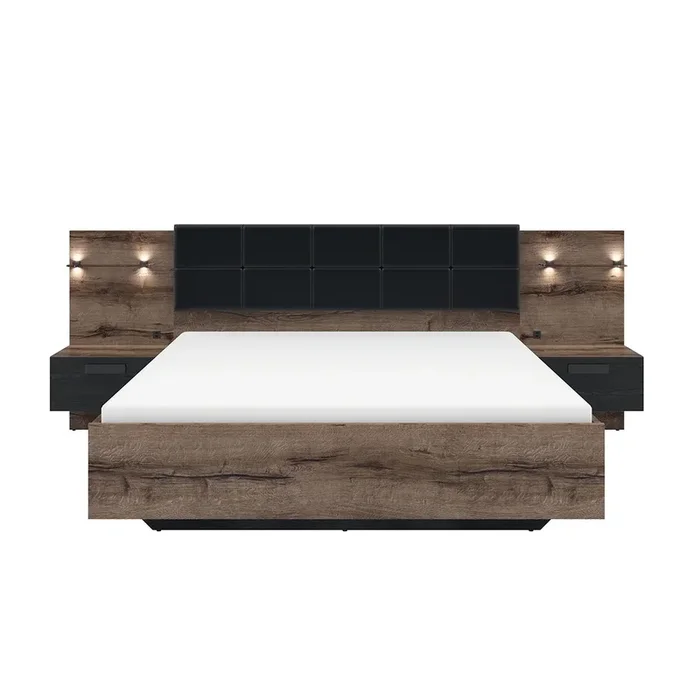 Cama 160×200 con mesita de noche LED y toma USB Romane Madera