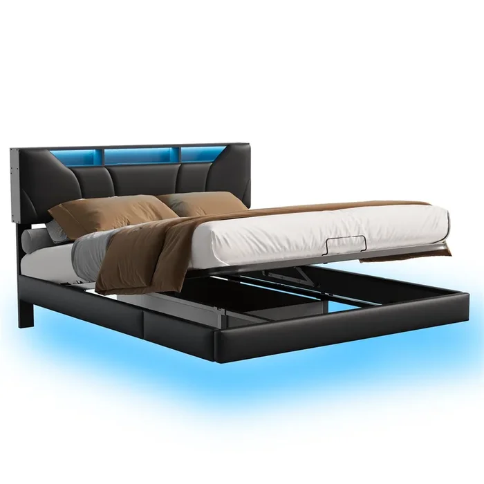 Cama 160x200cm, somier hidráulico, USB, LED, cama doble, somier con estructura de metal