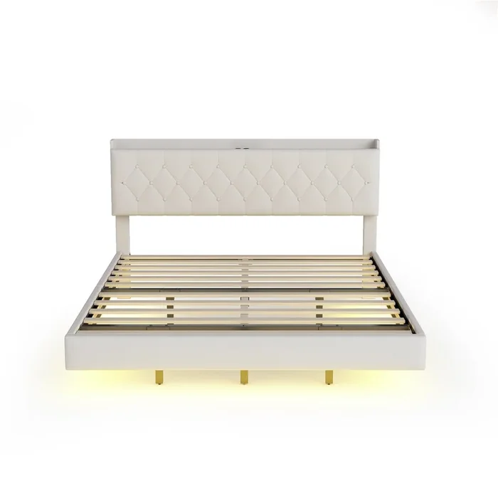 Cama acolchada de lino 140×200 cm – con puerto de carga USB y LED – con somier – Beige