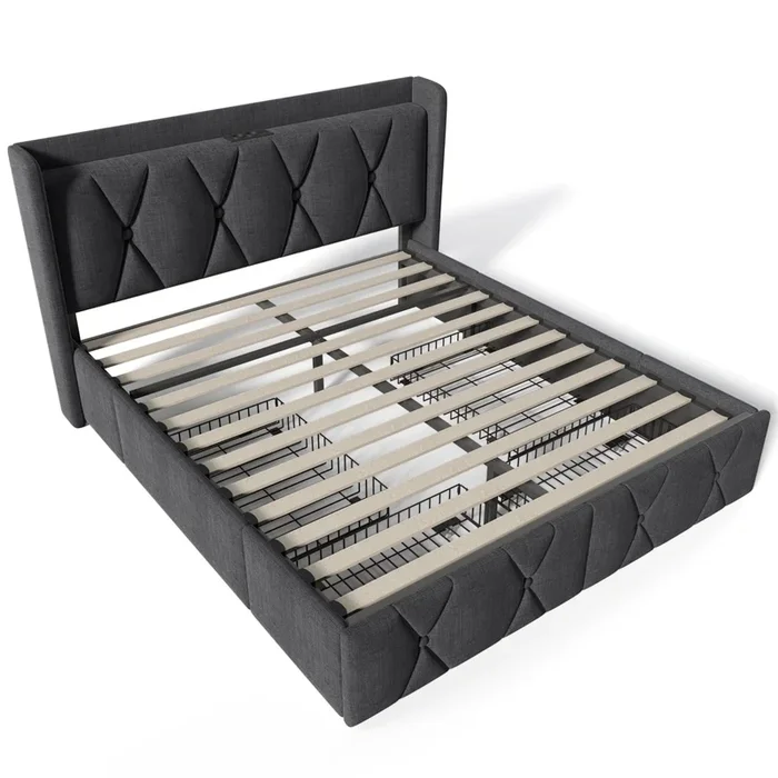 Cama acolchada de lino 140x200cm – con 4 cajones y puertos de carga USB – Gris (colchón no incluido)