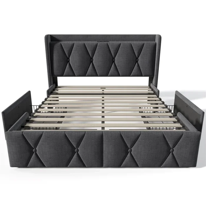Cama acolchada de lino 160x200cm – con 4 cajones y puertos de carga USB – Gris (colchón no incluido)