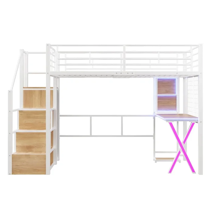Cama alta 90 x 200 cm – con LED, escalera con estantes, escritorio, armario y estanterías, sin colchón – blanco