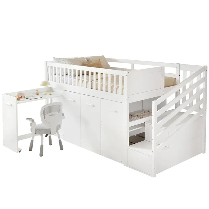 Cama alta,cama infantil de madera de pino 90x200cm,blanco