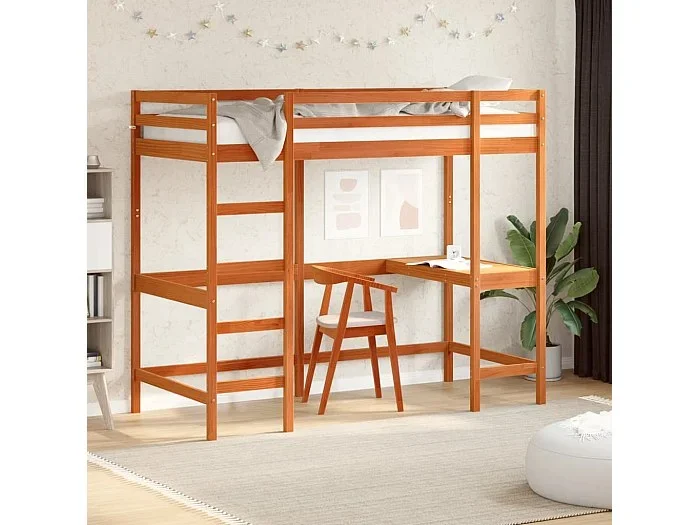 Cama alta con escritorio madera maciza pino marrón 90×200 cm