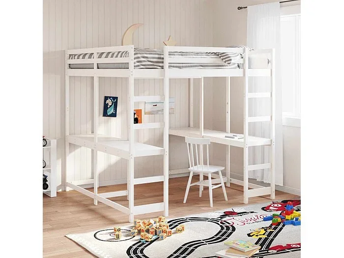 Cama alta con escritorio y escalera madera blanca 180×200 cm