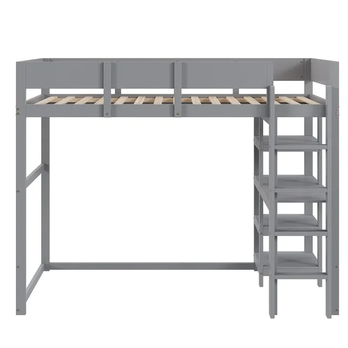 Cama alta con estante 90×200 cm – Estructura de madera maciza de pino con somier – Gris