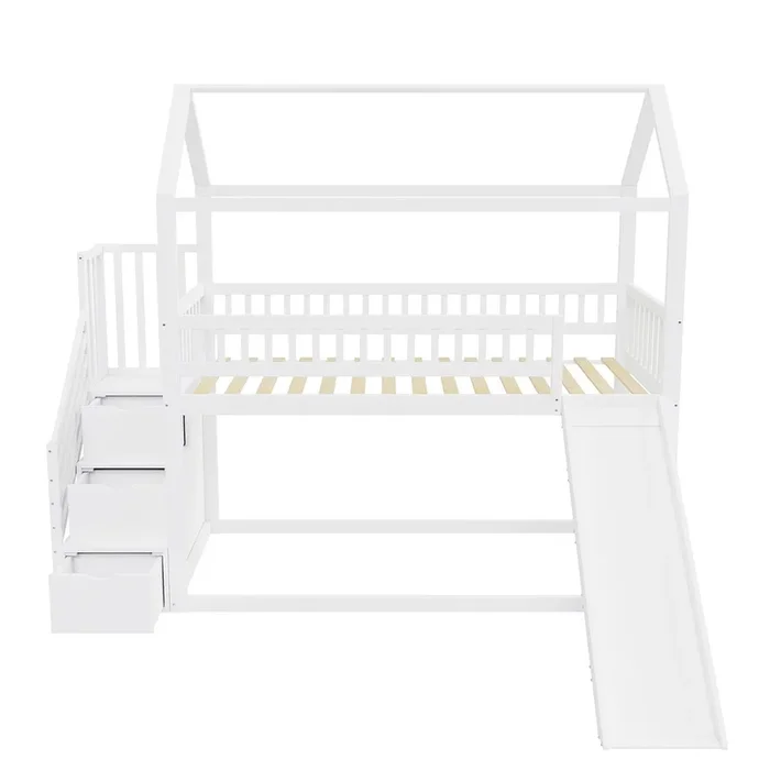 Cama alta infantil 90×200 cm – con tobogán, escalera con almacenamiento, estructura de madera maciza, barandilla alta – blanco