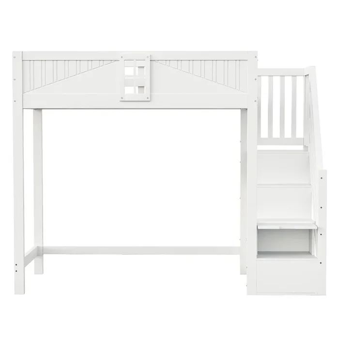 Cama alta madera maciza 90 x 200 cm – puerta de seguridad con ventana, escalera lateral con estantes intercambiable – blanco