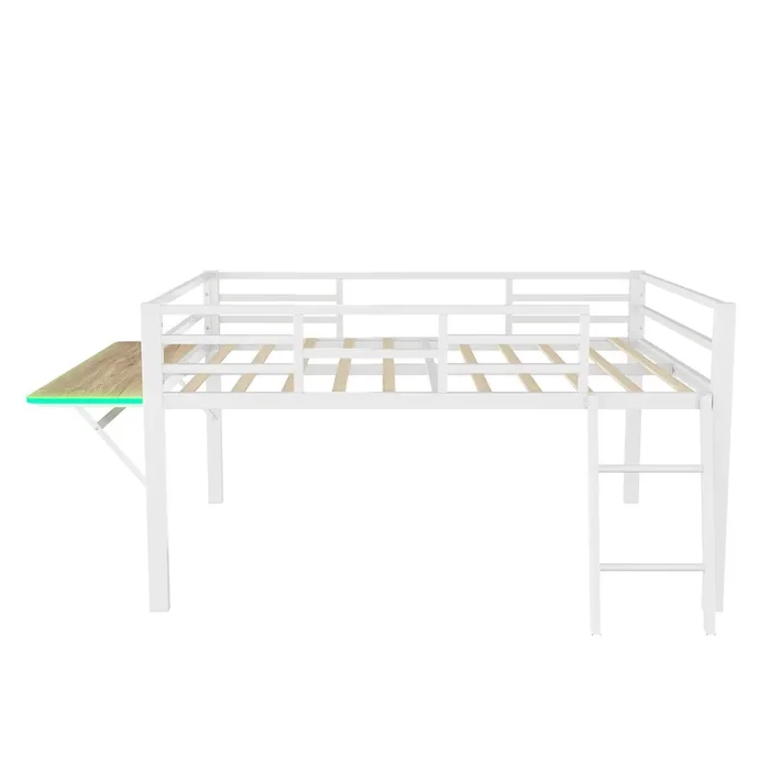 Cama altillo de metal de 140×200 cm con LED – con escritorio abatible y somier – Blanco