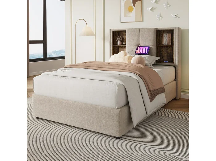 Cama arcón individual 90×200 cm con carga inalámbrica USB-C, somier de madera y lino natural (sin colchón)