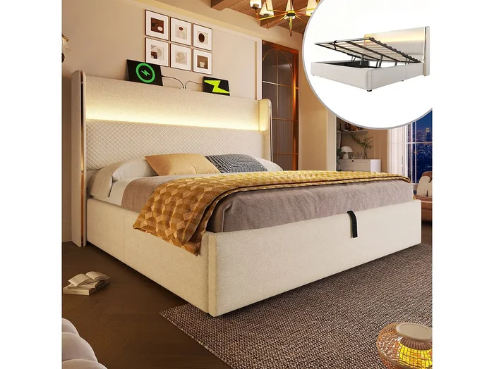Cama basculante hidráulica con cabecero + LED y puertos USB/Tipo C – 140 x 200 cm – lino – beige