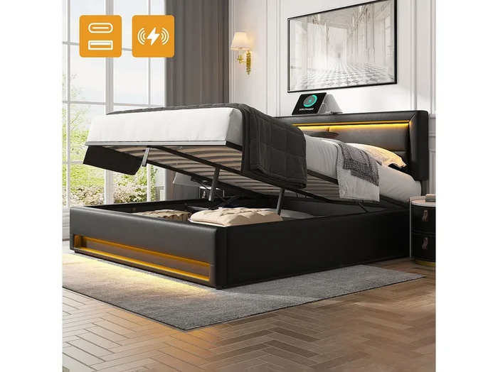 Cama baúl doble 140×190 cm con puerto USB y luz LED – PU negro (sin colchón)