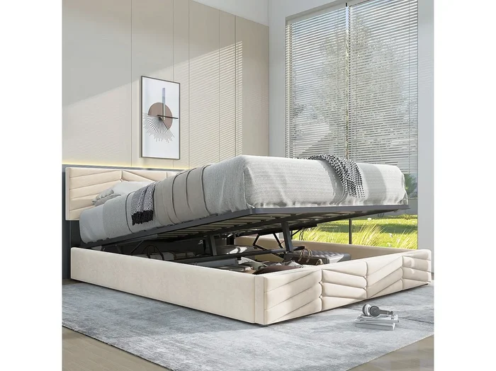 Cama baúl doble 140×200 cm en terciopelo beige – Cabecero ajustable y somier de láminas (colchón no incluido)