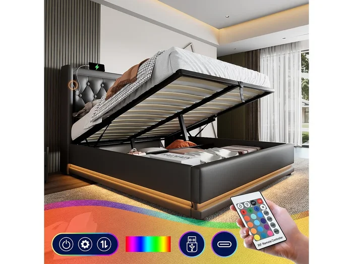 Cama baúl doble 180×200 cm en PU negro – con cabecero acolchado, USB-C y LED en 3 lados (sin colchón)