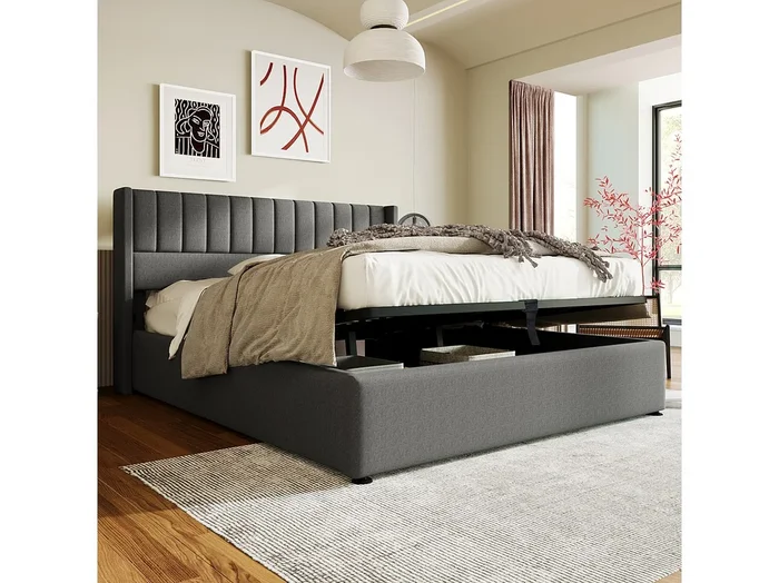 Cama baúl doble 180×200 cm para adultos, con sistema hidráulico, somier de lamas de madera y tapizado en lino gris (sin colchón)