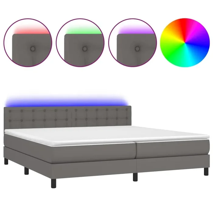 Cama box spring colchón y LED cuero sintético gris 200×200 cm Botones